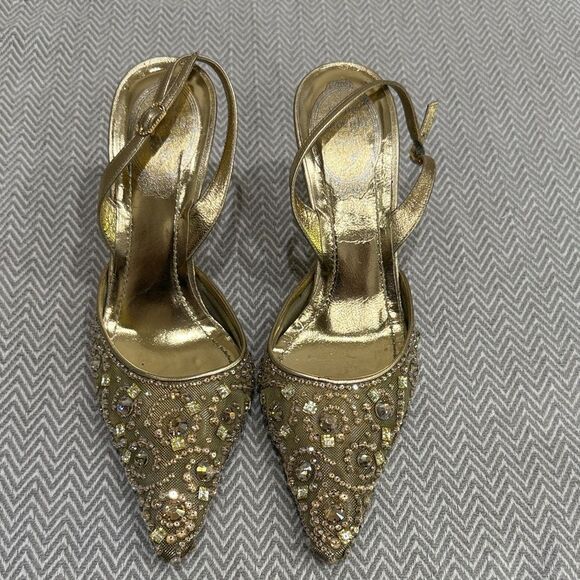 Rene Caovilla Elegant Gold Embellished Women's  Pointed Sling Back Heels Size 37 - Picture 1 of 10